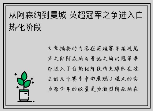 从阿森纳到曼城 英超冠军之争进入白热化阶段